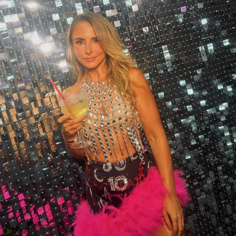 Damen Silber Mehrschichtiges Strass-Neckholder-Crop-Top Sexy Kristall-Körperkette Weste Festival Party Nachtclub Schmuck Damenkleid – Detail 1