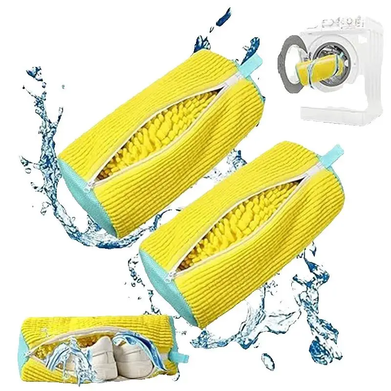 Fluffy Fiber Shoe Washing Bag 360° Surround Cleaning Reusable Durable Machine-Washable Laundry Bag with Zipper Closure (1pc)