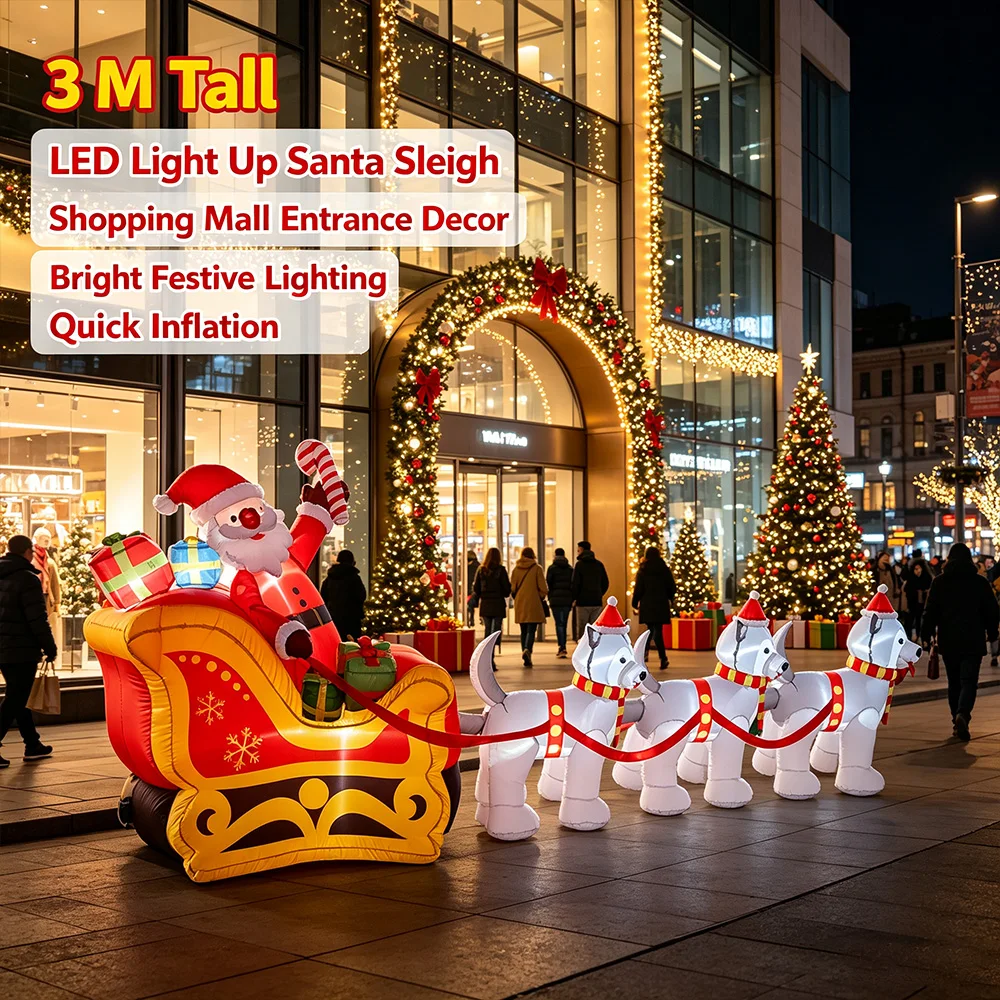 3M Inflatable Christmas Santa Sleigh with Dogs, Blow Up Yard Decor with LED Lights