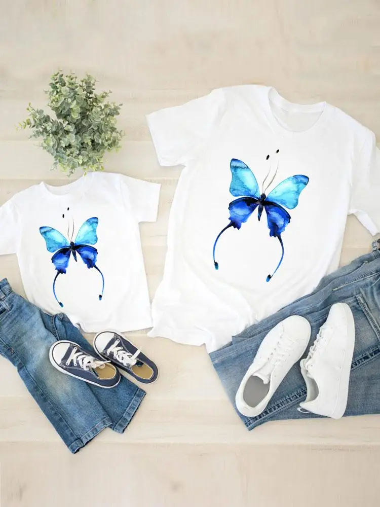 

Women Child Kid Watercolor Butterfly O-neck Clothing Boy Girl Summer Family Matching Outfits Mom Mama Mother Tee T-shirt Clothes