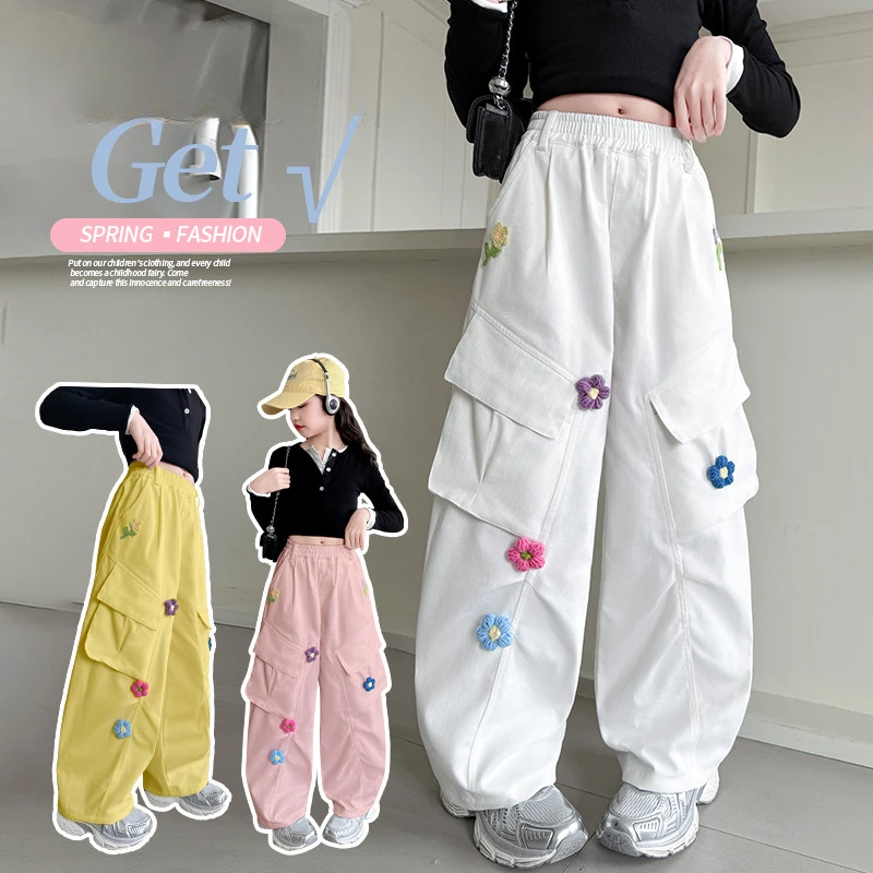 School Girls 3D Floral Applique Cargo Pants Elastic Drawstring Waist Wide Leg Loose Casual School Street Spring Kids Trousers