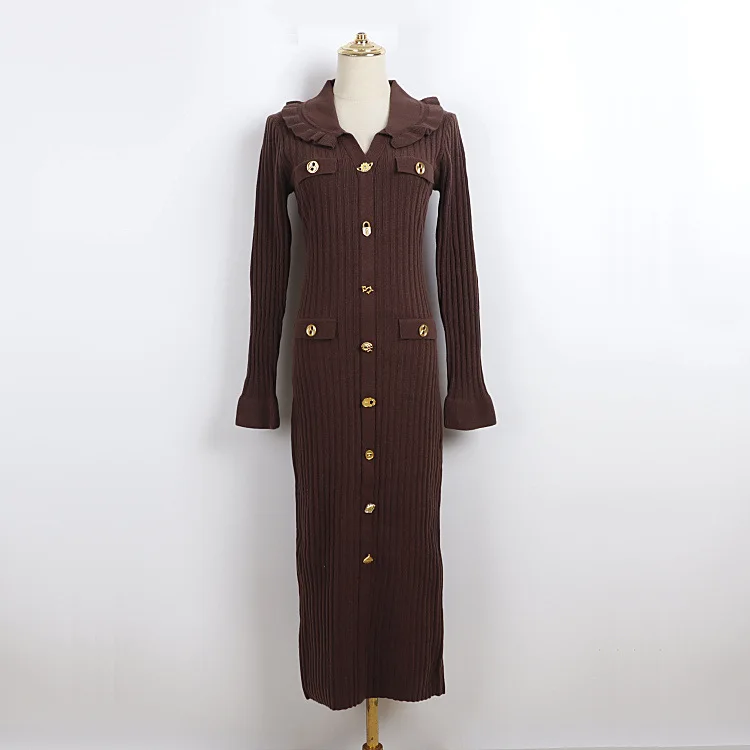 

Women's Brown Ribbed Knit Maxi Dress Ruffled Collar Gold Button Slim-Fit Long Bell Sleeves Elegant Retro-Chic French Women Dress