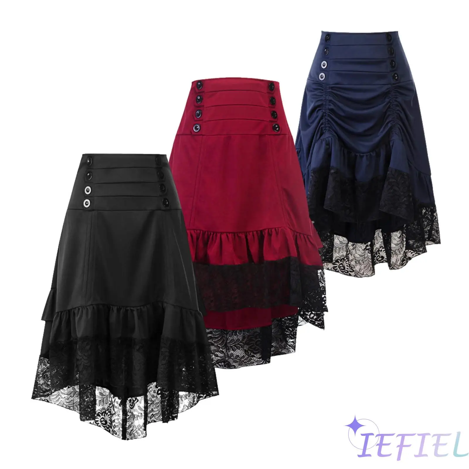 

Women Steampunk Gothic Vintage Lolita Style Midi-Skirt Decorative Button Drawstring Ruched Ruffled Lace Trim Irregular Hem Skirt