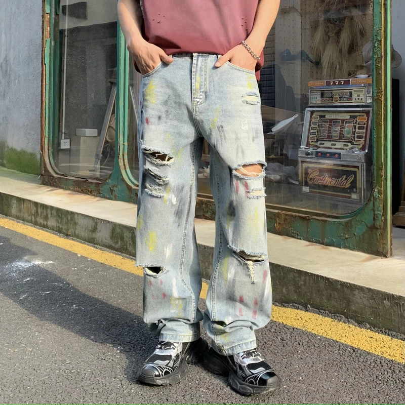 

Y2k street hip hop personality graffiti print high end trend men's loose straight wide leg casual pants man