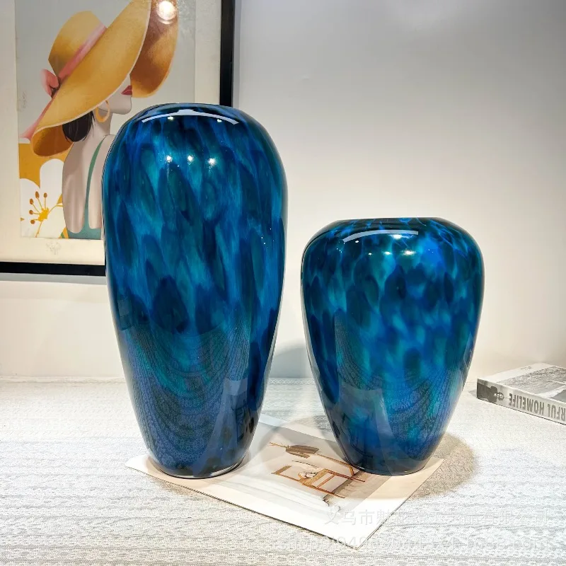 New Chinese peacock plume, handmade large-diameter glazed vase, creative ornament in model room