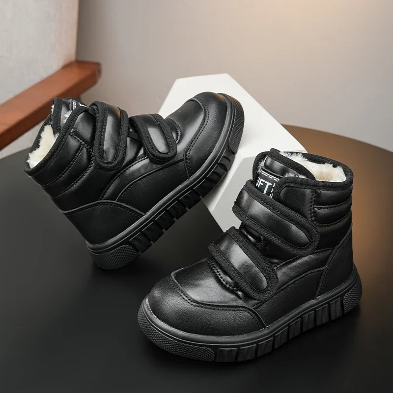 

Children Sports Boots Double Hook&loop Kids Short Boots Round Toes 2025 Winter New Boys Girls Leather Boots Soft Bottom Trendy