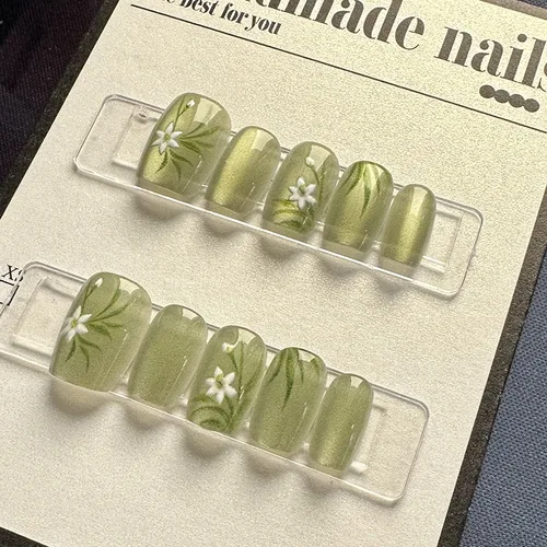 10 Uds. De uñas con estampado de flores verdes, uñas de primavera, prensa corta en uñas postizas con pegamento en barra, puntas de Arte de uñas hechas a mano para mujeres y niñas