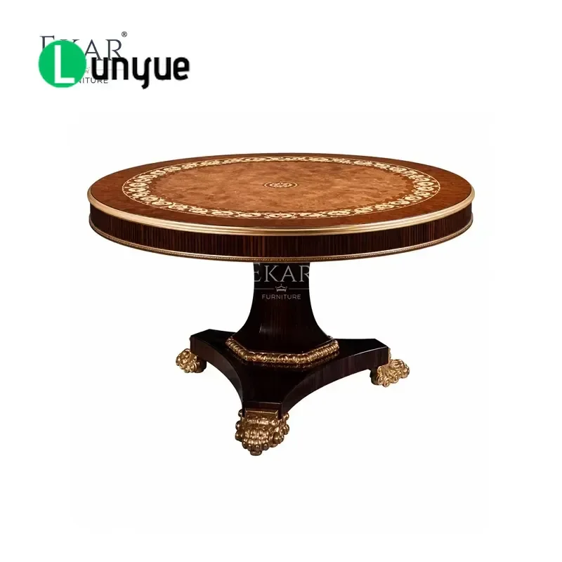 Gold Plated Tripod Dining Table French Neoclassical Round Column Burr Scroll Wood Deluxe Furniture for Living Room Home Decor
