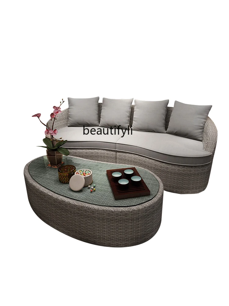 

Outdoor Balcony Leisure Sofa Pedal Combination Living Room Three-Seat Rattan Couch Terrace Courtyard Furniture