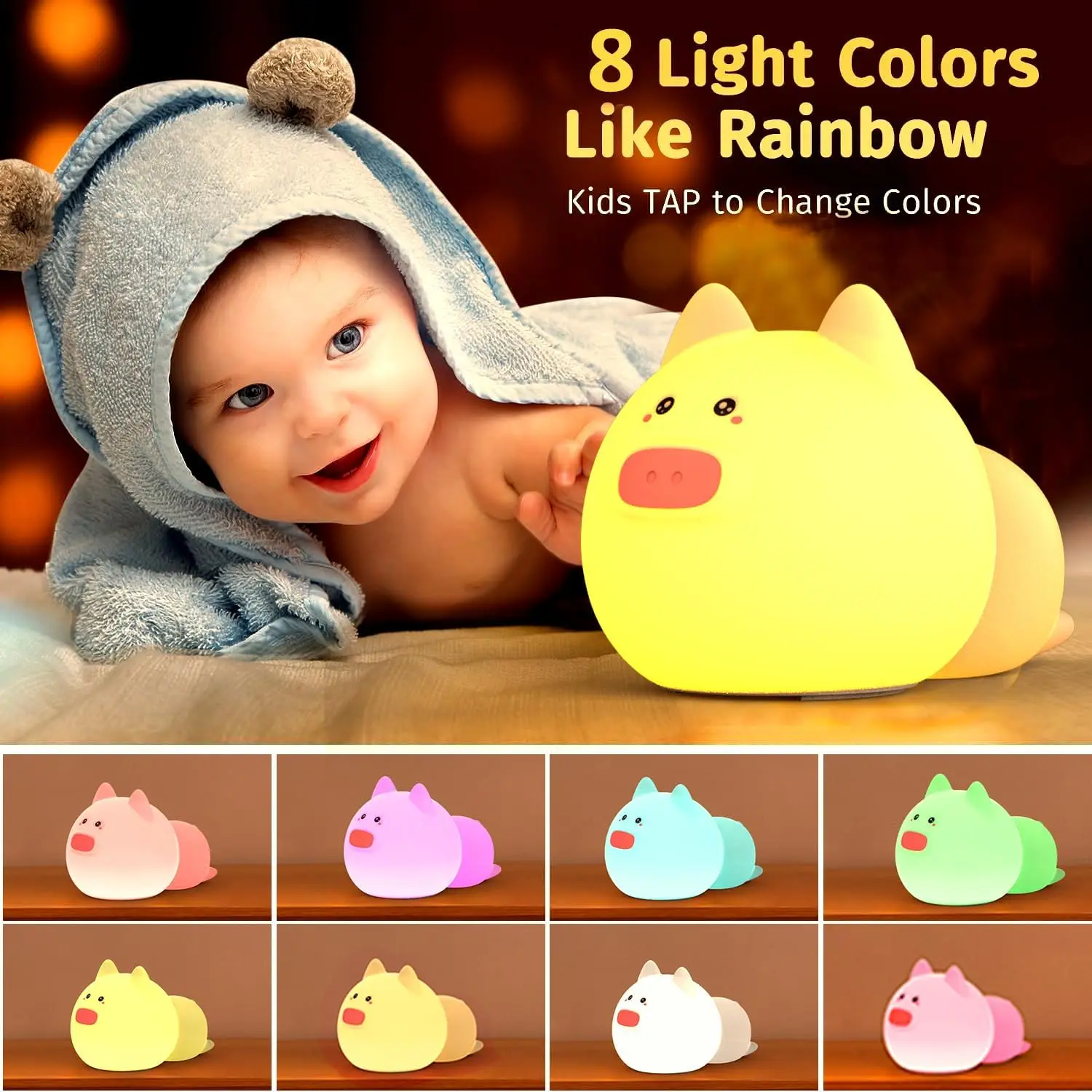 LED Night Light Cute Pig Cartoon Animal Silicone Children Lamp 7 Colors Touch Sensing Timing Lamp USB Rechargeable Birthday Gift