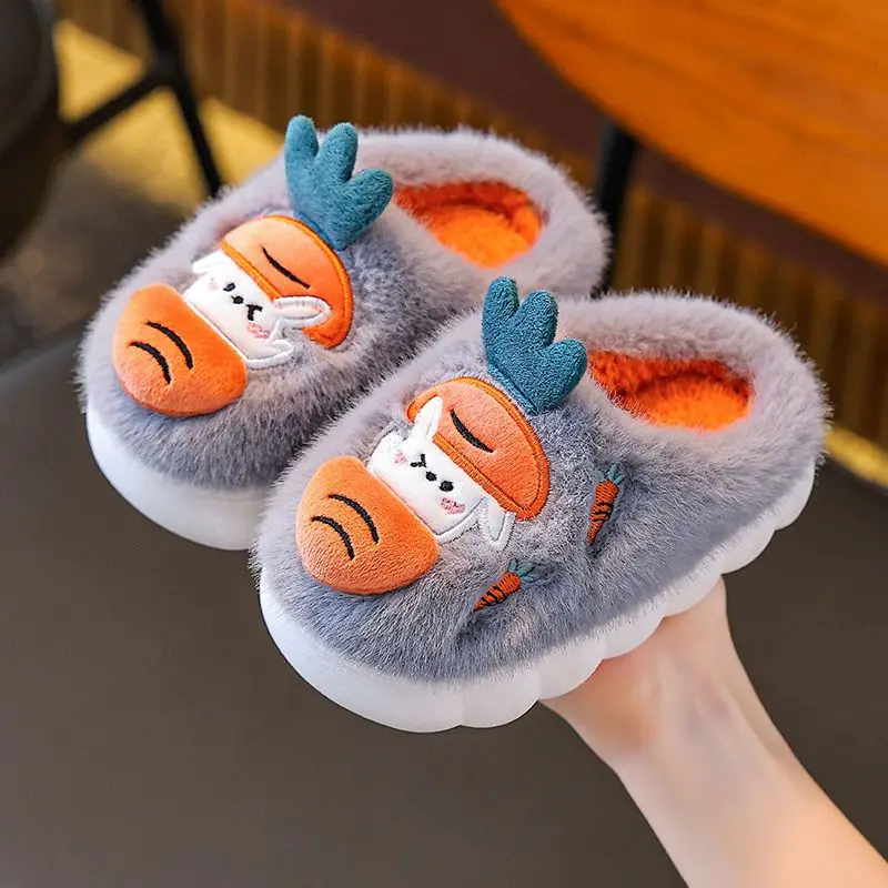 

Kids Cotton Slippers for Boys Girls Lined Indoor House Shoes Cute Cartoon Design Anti Slip Sole Autumn Winter Childrens Footwear