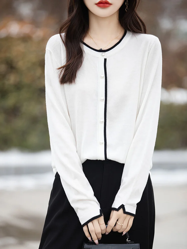 Women O-neck Pearl Button Wool Cardigan Spring Autumn Office Lady Grace Basic Soft Sweater 30% Merino Wool Knitwear Female Cloth