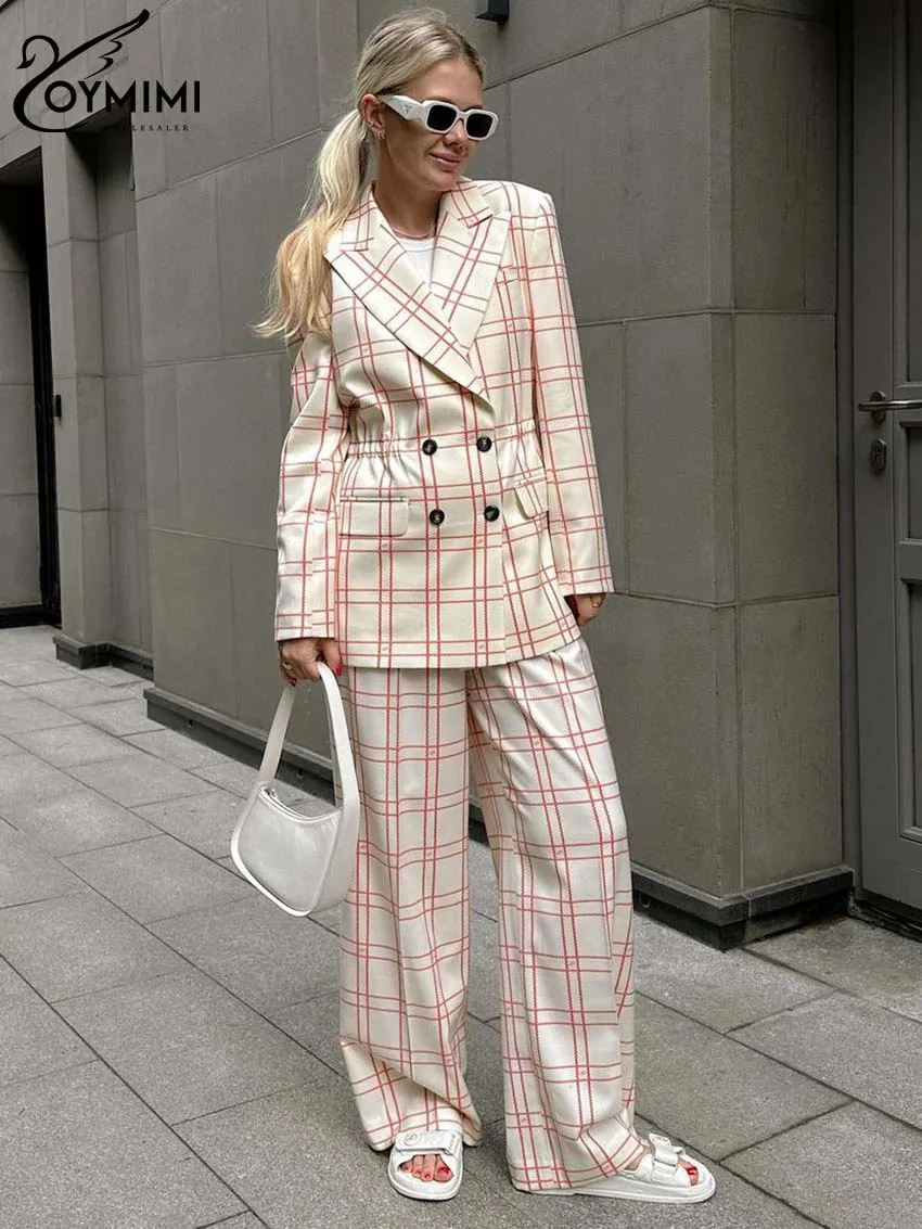 Oymimi Elegant Beige Plaid Print 2 Piece Sets Women Outfit Fashion Office Long Sleeve Double Breasted Shirt + Straight Pants Set