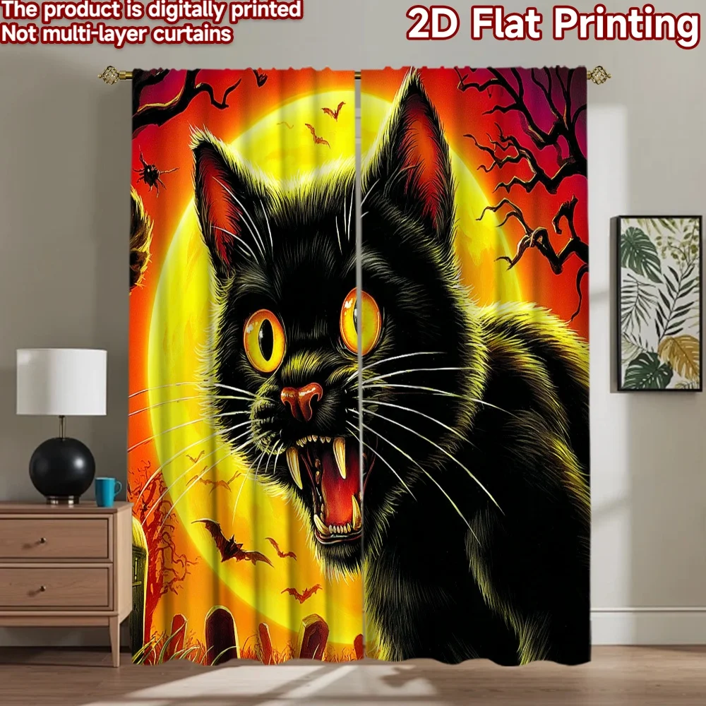 2D flat printing 2pcs Curtain Black Cat Halloween Bats Digital Printed Polyester Drapes All Season Party & Holiday Decor Perfect