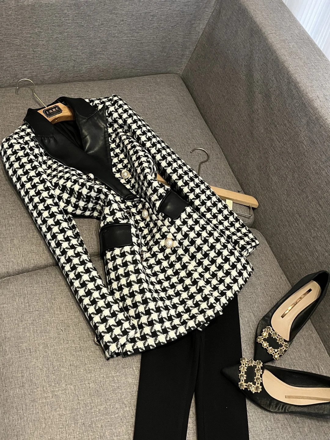 

Новый женский костюм в клетку Jaet для поездок на работу, двубортный воротник, офисная одежда Ele, длина X290