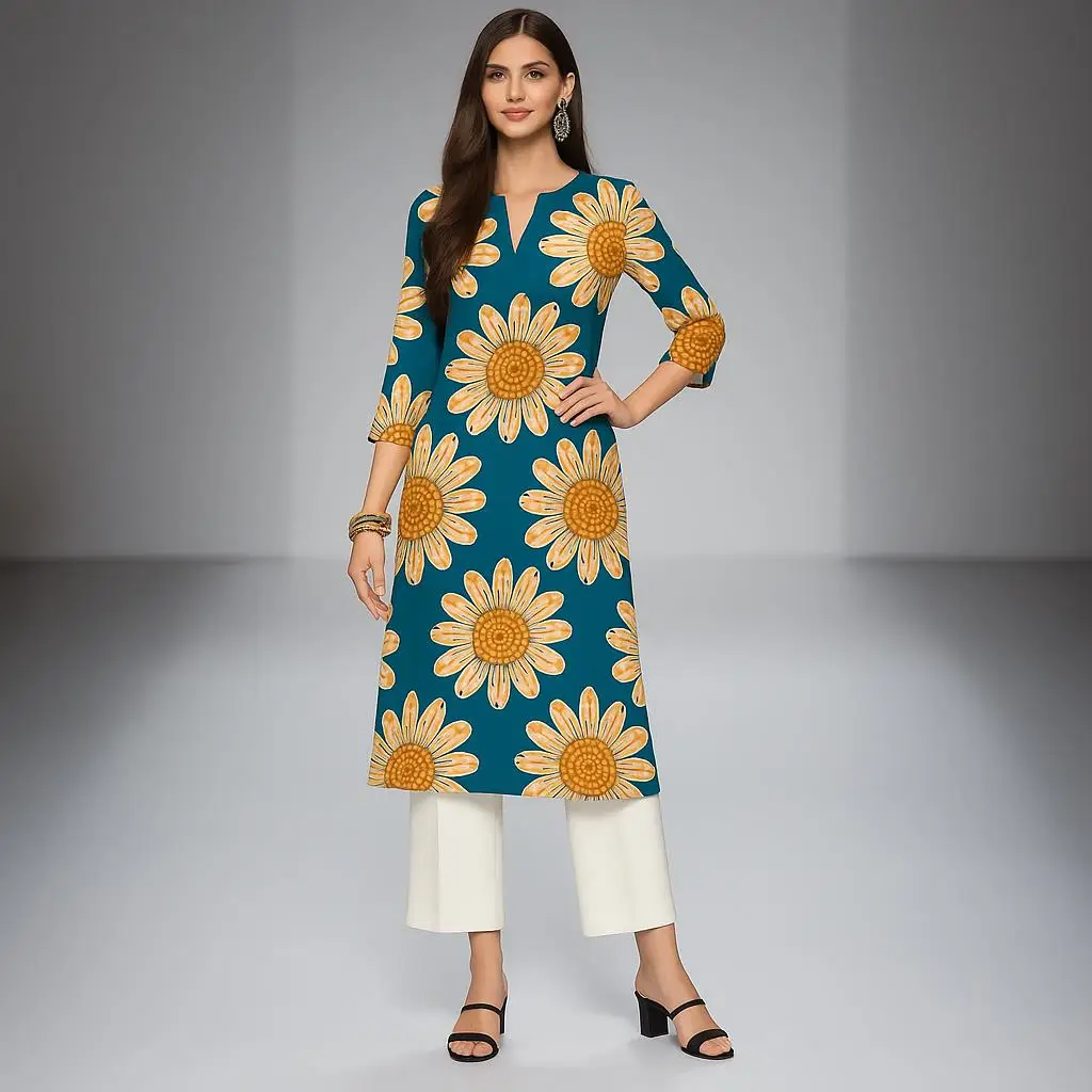 Muslim Kurtta Women's Casual Fashion Dress Long Sleeved Straight Tube Casual Ethnic Flower Abaya Musulmane Modest Dress