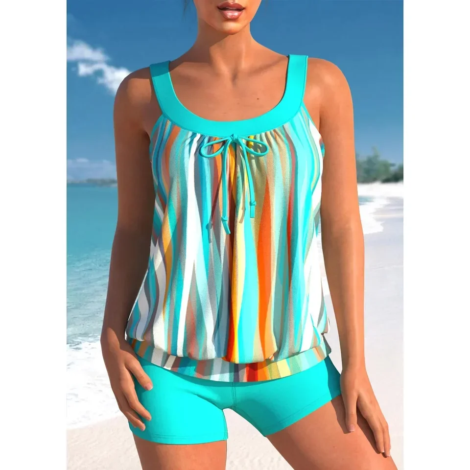 Hochwertiger Sommerurlaubs-Badeanzug für Damen mit vertikal gestreiftem bedrucktem Oberteil und trägerlosem Strand-Badeanzug S-6XL