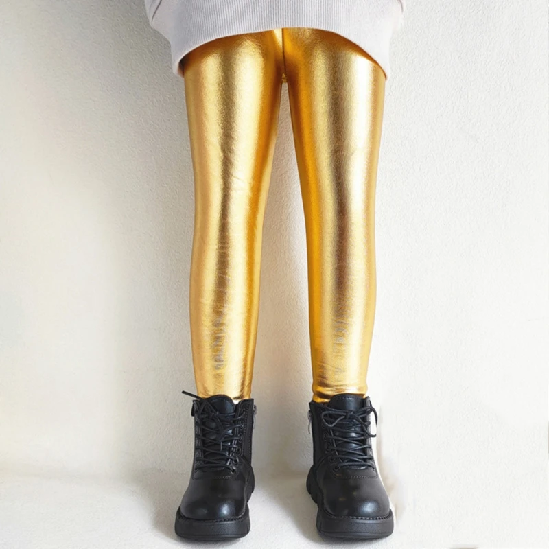 Children's Girl Pants Spring Autumn Shiny Gold Silver Faux Leather Pencil Pant Girls Shiny Trousers Kids Leggings