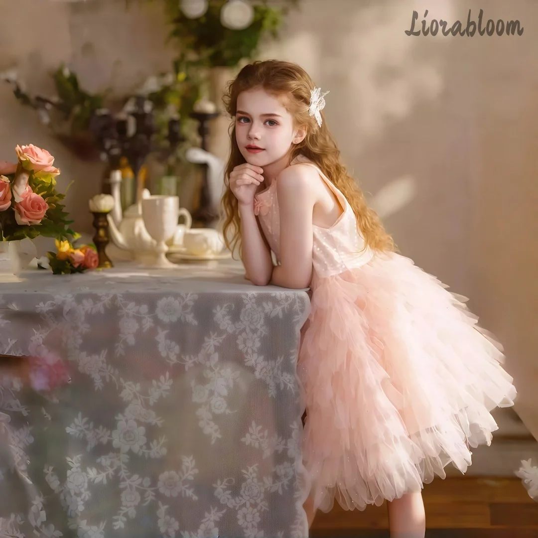 Girls' Pink Halter Dress Floral-Embroidered Mesh Flower Girl Gown Layered Voluminous Party Dress Wide Flared Wedding Attire view 4