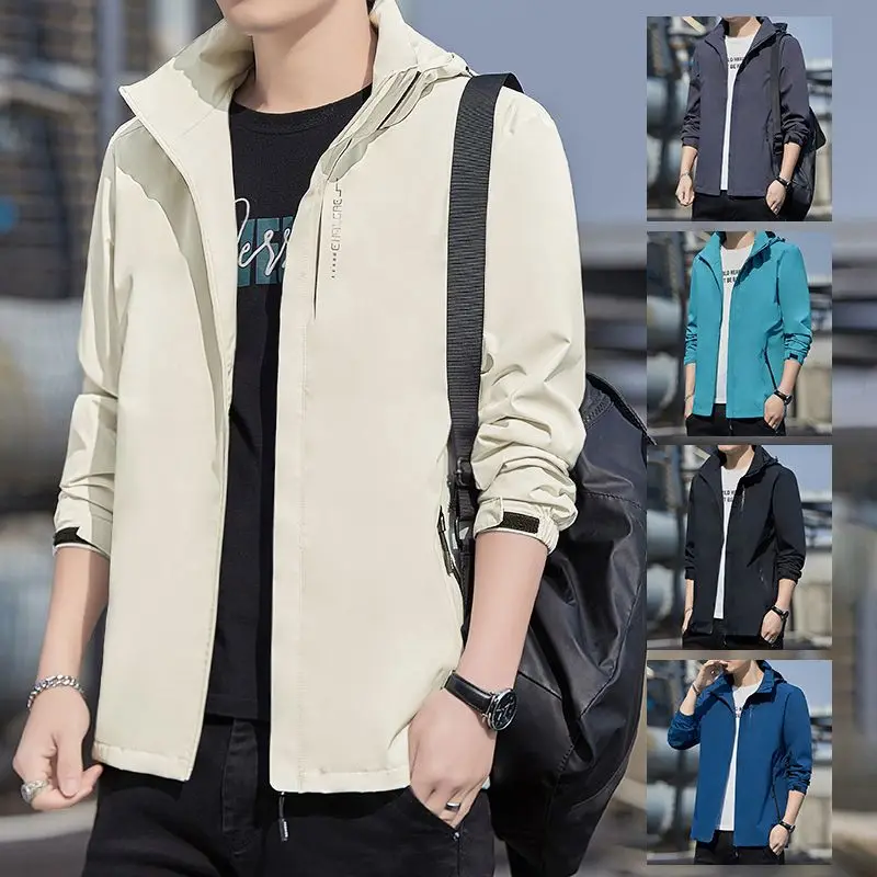 

Men's Casual Windproof Jaet with Detachable Hat Autumn Spring Workwear Sle Loose Fit Polyester Nylon Cosite Fiber