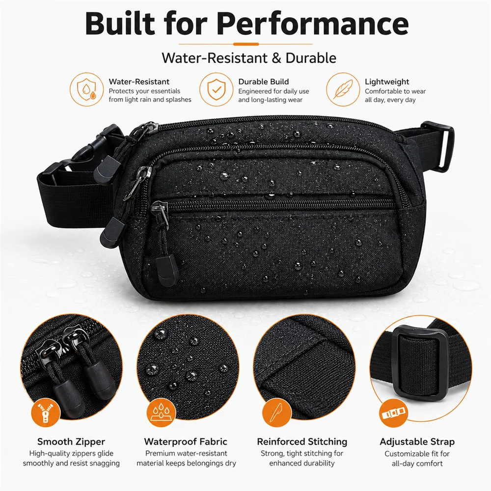 Wasserdichte Sporttasche für Herren mit großem Fassungsvermögen – Möglichkeit als Hüfttasche, Brusttasche, Umhängetasche, ideal zum Laufen, Camping, täglichen Tragen – Detail 7