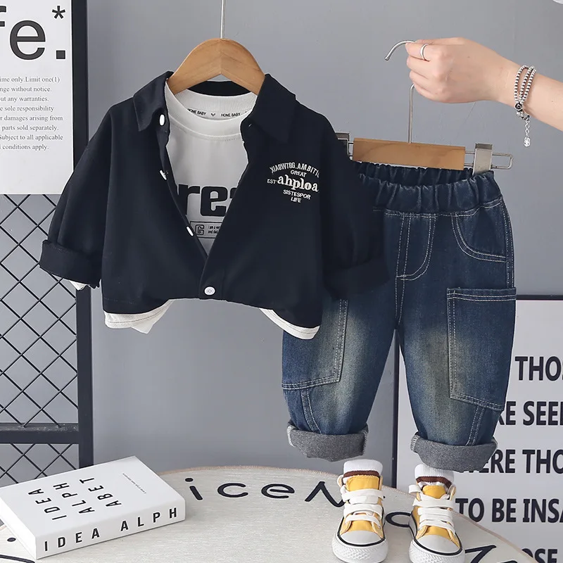 Spring Autumn Baby Boy Clothes  3 Piece Set Korean Casual Letter Shirt Jacket + Print Tee + Denim Jeans Kids Streetwear Outfits