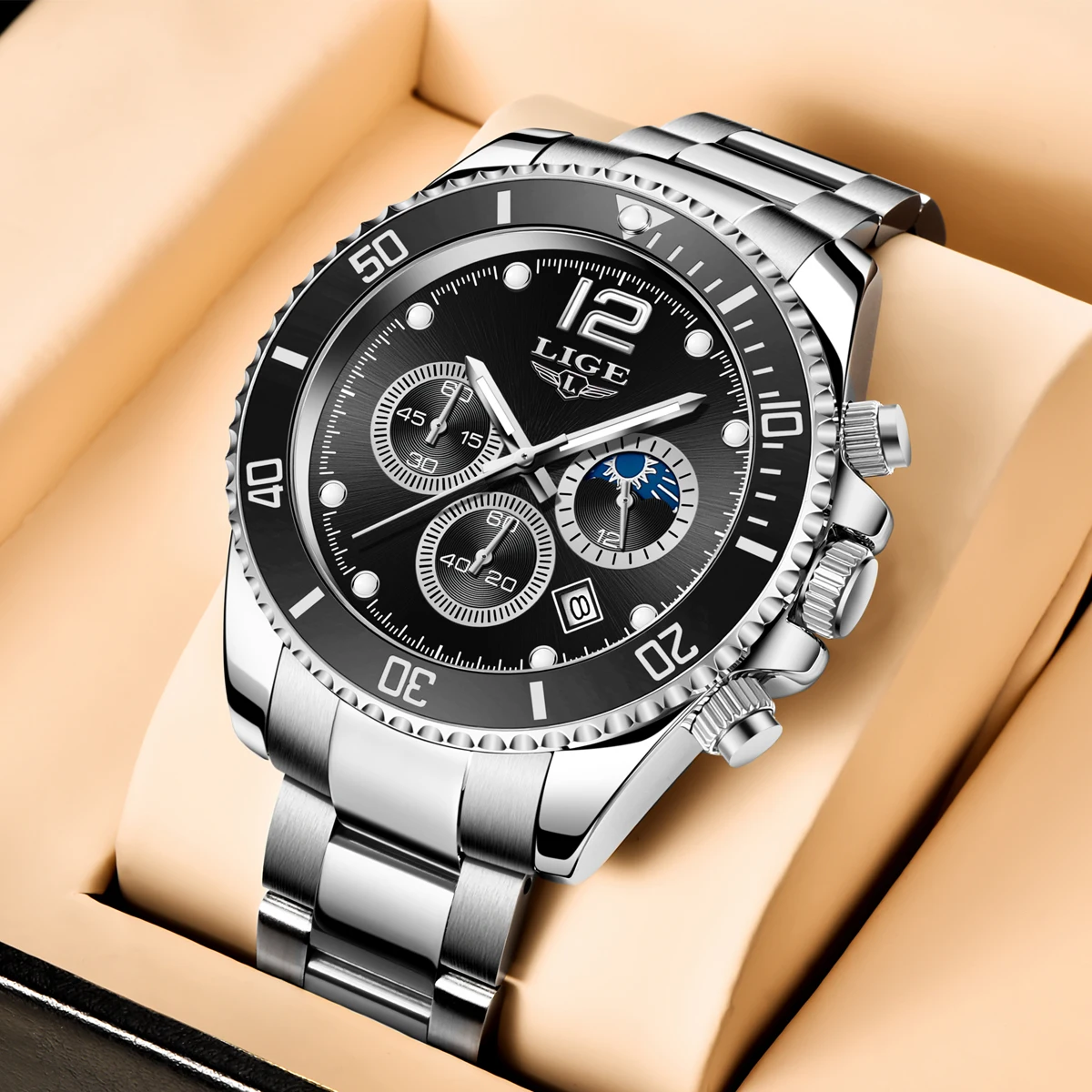 LIGE Stainless Steel Watch Men's European American Business Leisure Quartz Watch Waterproof Outdoor Sports Watch Reloj Hombre