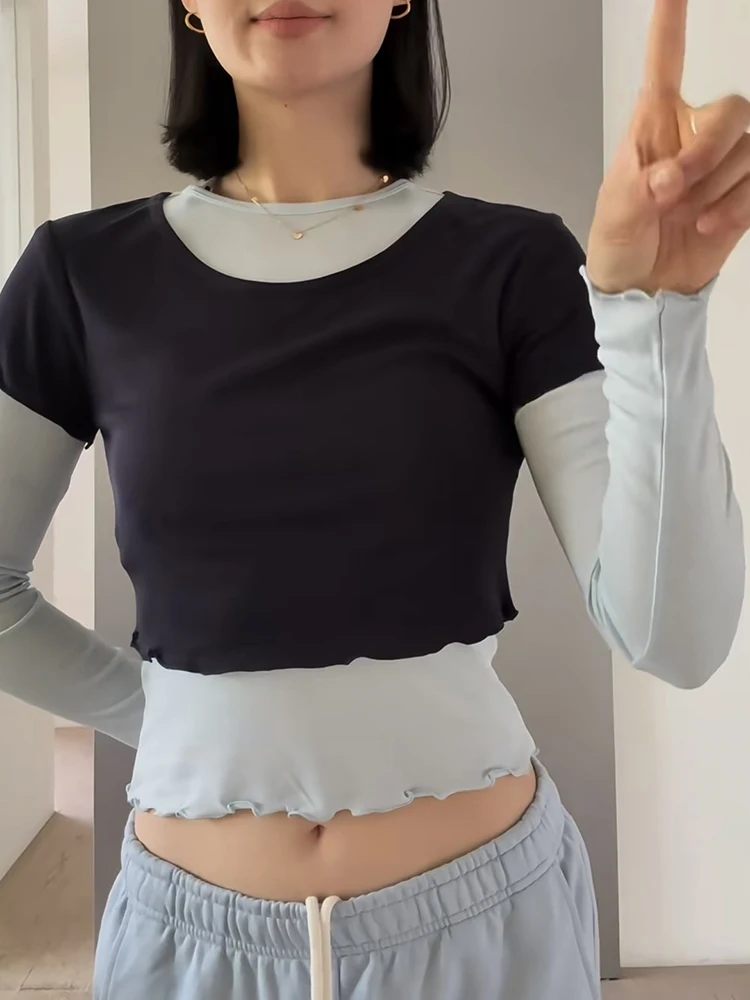 

Layered Two-Piece Long-Sleeve T-Shirt Set Elegant Wavy Hem Women's Top 2025 Fall New Arrival