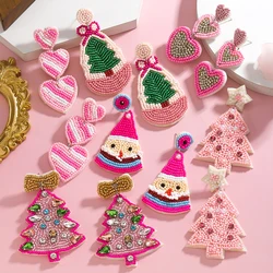 girlgo Pink Handmade Beaded Heart-Shaped Christmas Tree Earrings for Women Suitable for Christmas Valentine's Day Wear