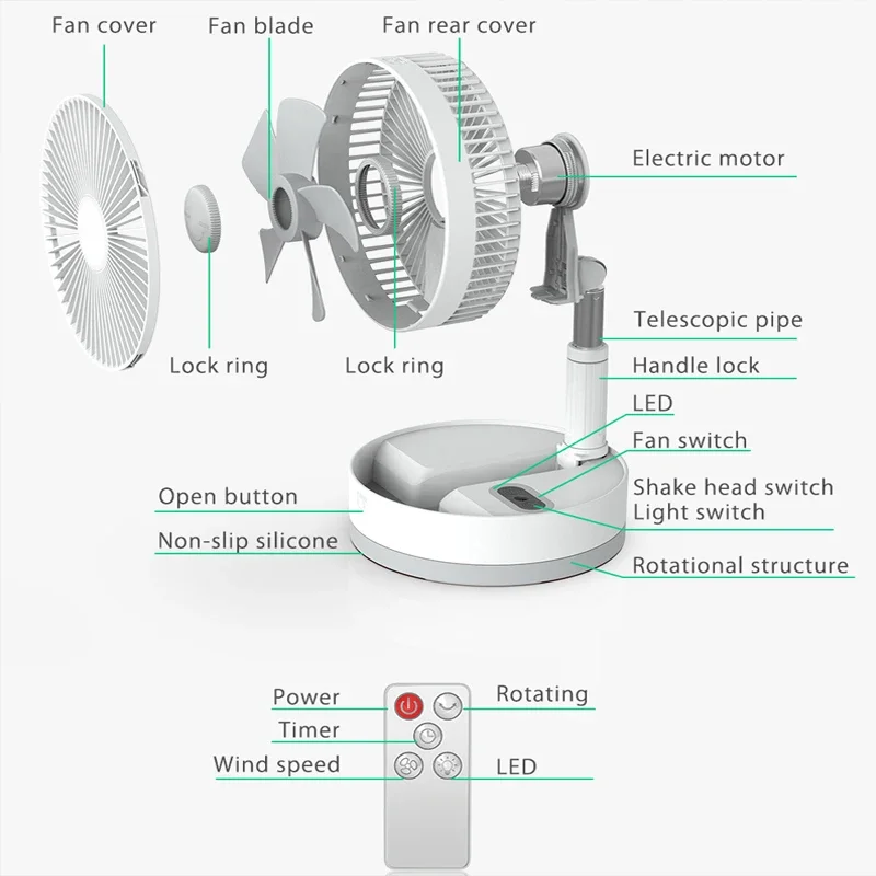 P10 Ventilador Portátil Dobrável com Controle Remoto, Refrigerador de Ar Silencioso, USB Recarregável, Sem Fio, De Assoalho, Portátil, Camping, 10800mAh