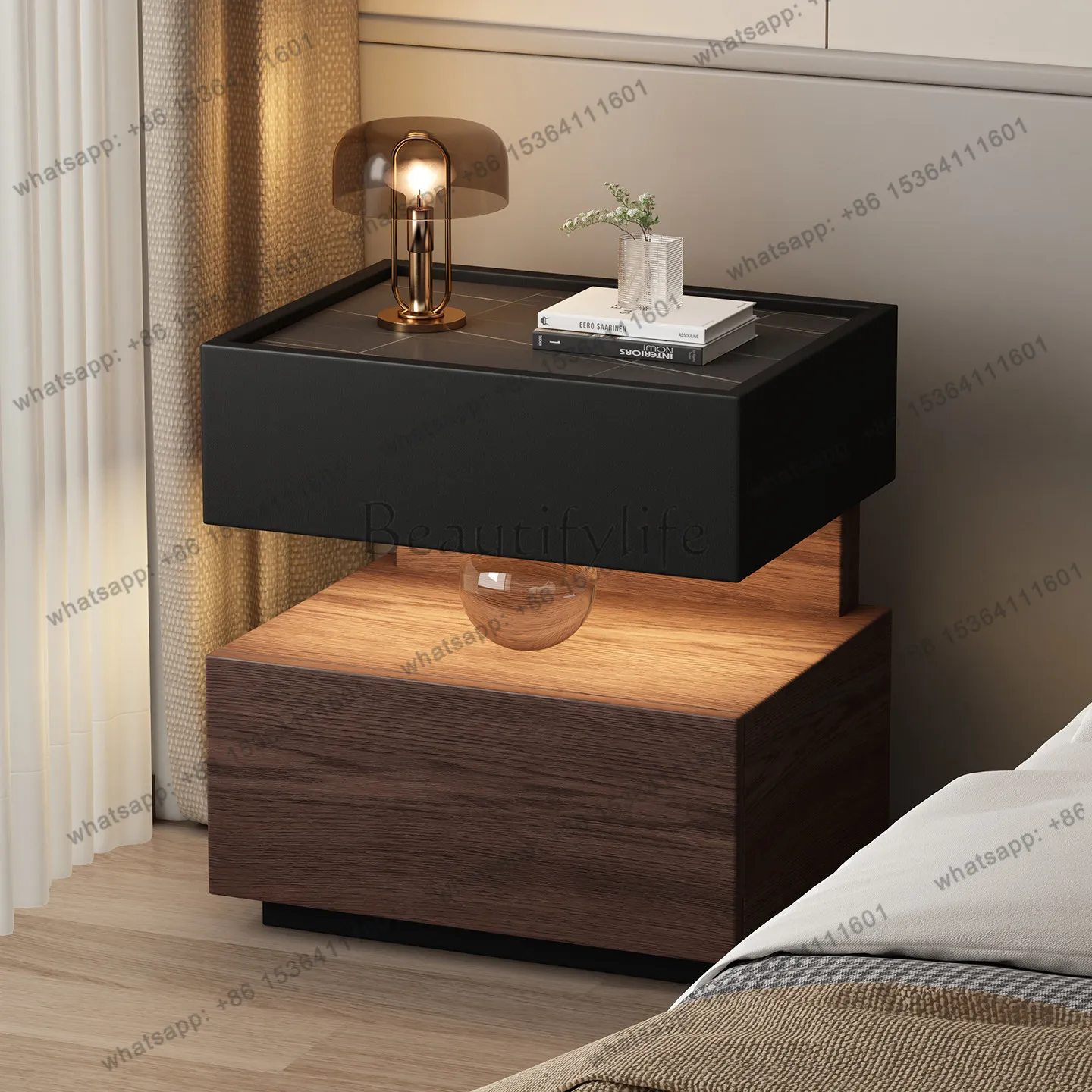 Solid wood modern simple light luxury high sense crystal ball master bedroom bedside table suspended storage cabinet