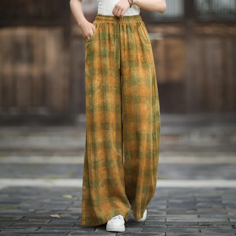 Autumn Cotton Linen Women's Pants Original Plaid Print Loose Wide-Leg Trousers