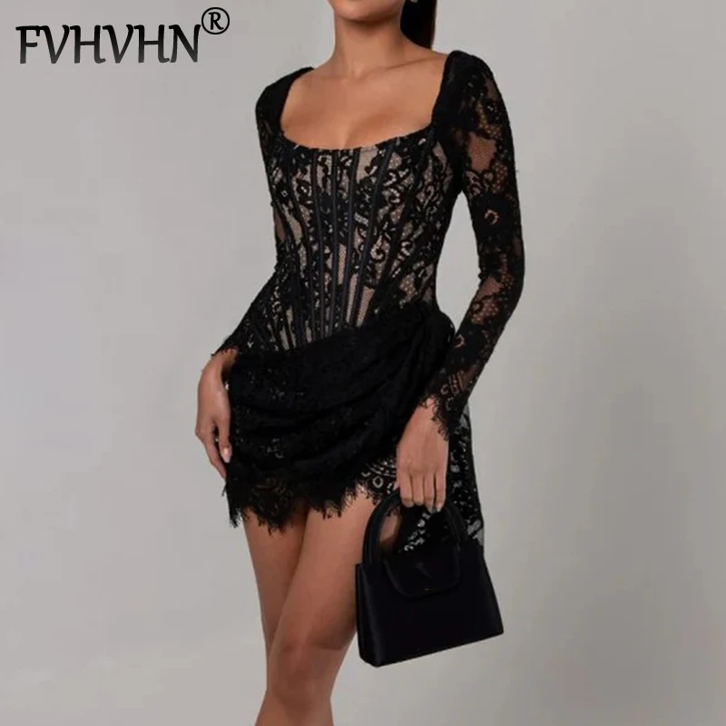 

FVHVHN модные кружевные сетчатые платья с длинными рукавами и талией для женщин, универсальное вечернее мини-платье, женское модное