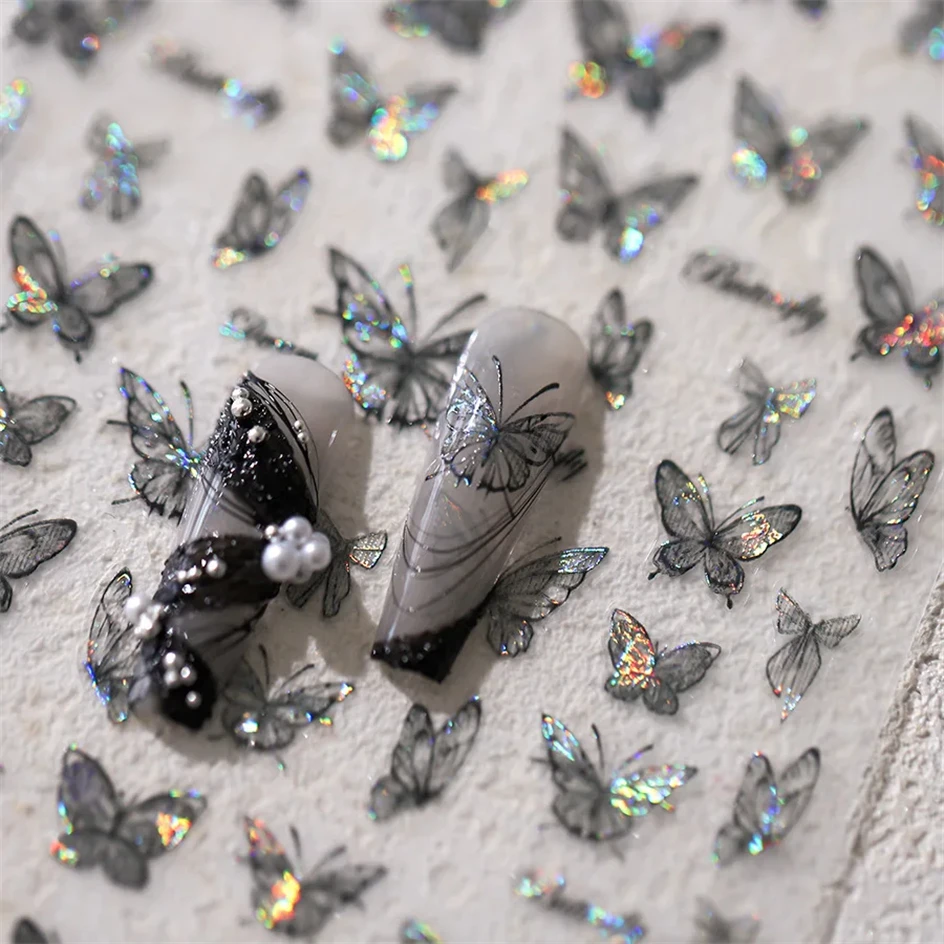 Shinny Black Dark Butterfly Nail Stickers High Quality Shell Light Design Adhesive Stickers Nail Art Decoration