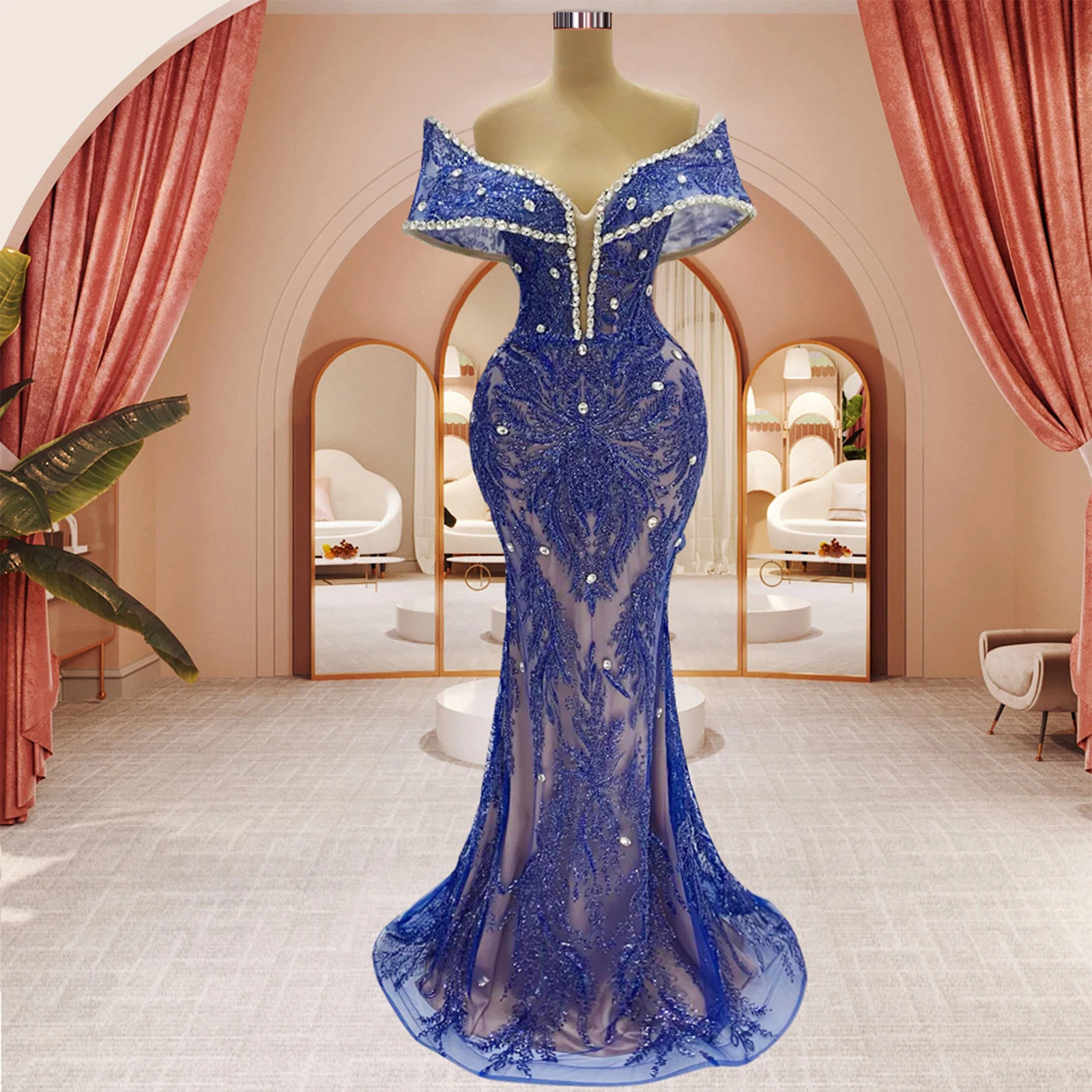 

Women's Long Ball Gown With Rhinestone Trim One-Shoulder Lace Embroidery Elegant Gorgeous Party Dress