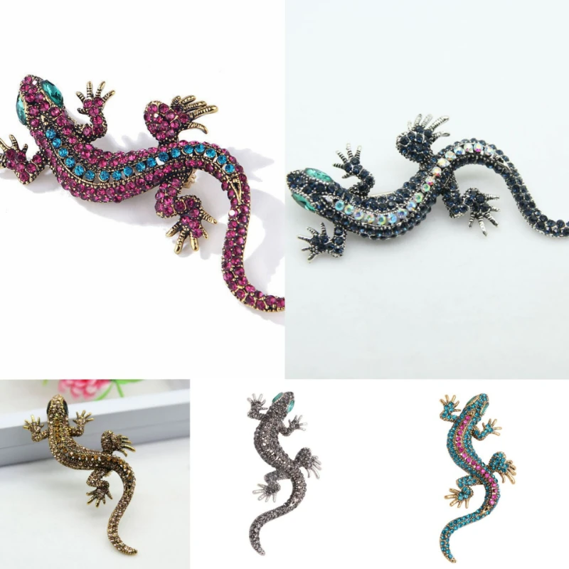 Nieuwe Europese En Amerikaanse Vintage Dier Hagedis Gekko Broche Strass Ingelegde Persoonlijkheid Broches Voor Vrouwen Kraag