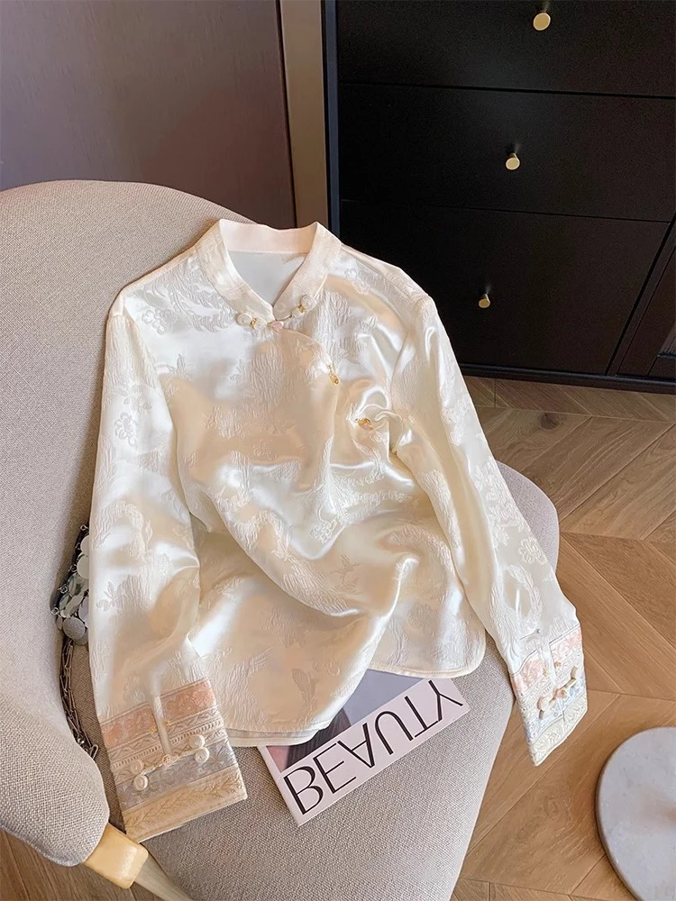 

Retro Chinese Sle Heavy Embroidery Satin Men's irt Loose Slimming Trendy Autumn Faionable Long Sve Stand Collar