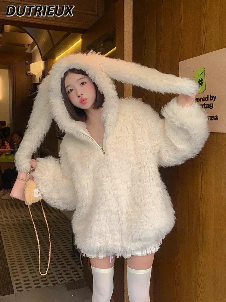 Imitation Lamb Wool Fur Coat for Women 2023 Autumn and Winter New Eco-friendly Cute Rabbit Ears Loose Thick Furry Jacket