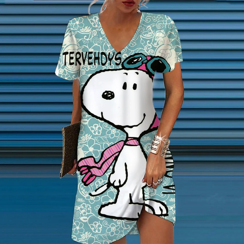 Dames Jurken Zomer Mode Snoopy Print V-Hals Losse Bohemian Vakantie Vrouw Basic Vestidos Met Korte Mouwen