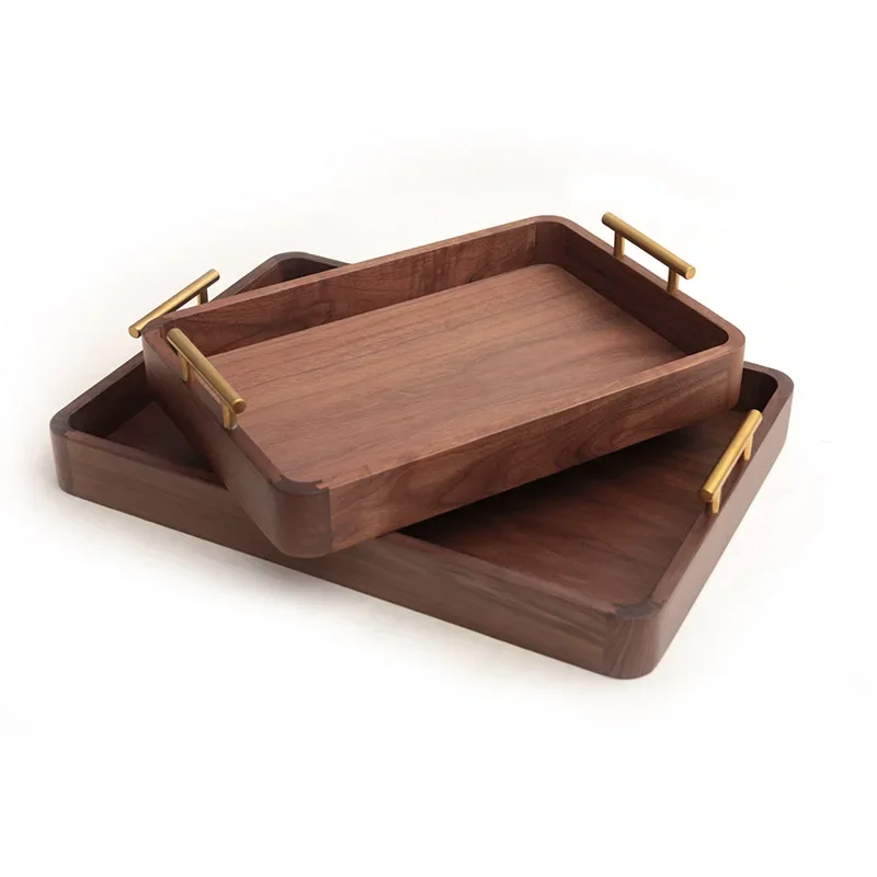 Simple Black Walnut Tray, Crack and Mold Resistant Storage Box, Metal Handles, Durable Serving Tray, Solid Wood Tea Tray