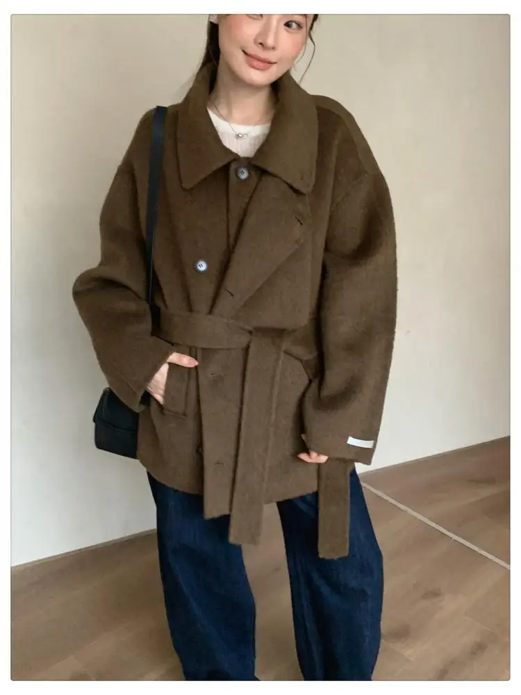 Jaquetas curtas de lã alpaca da senhora 2025 outono e inverno gola único breasted rendas soltas casacos de lã femininos grossos