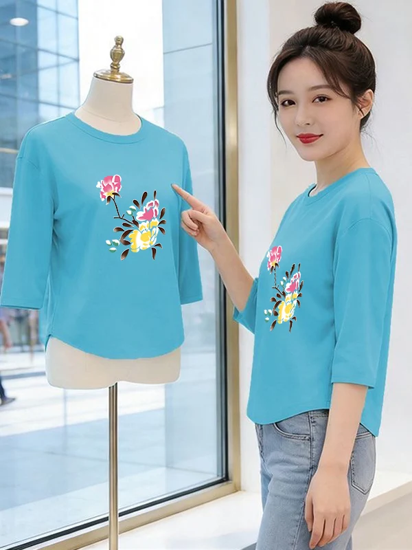 

Chic Printed T-Shirt Women's Loose Slimming Summer Top Mom's Style Casual Polyester Fiber round Neck Short Sleeve Tees