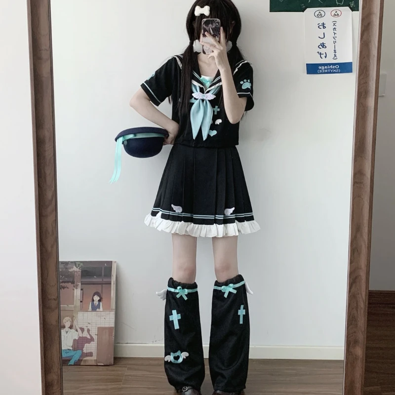Abito da marinaio autentico giapponese e coreano Abito da gioco di ruolo con ricamo a fiocco estivo a maniche corte in stile college carino