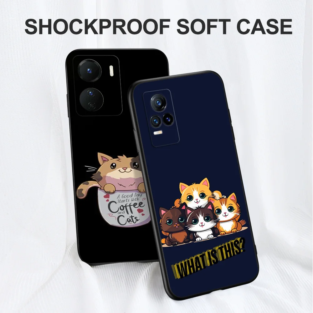 Black Tpu Case For Vivo Y21 Y51A 2021 Y21S Y33S Y51 2020 Y51S Y53s 4G Y72 5G Back Cover Cute Cat Aesthetic image 2