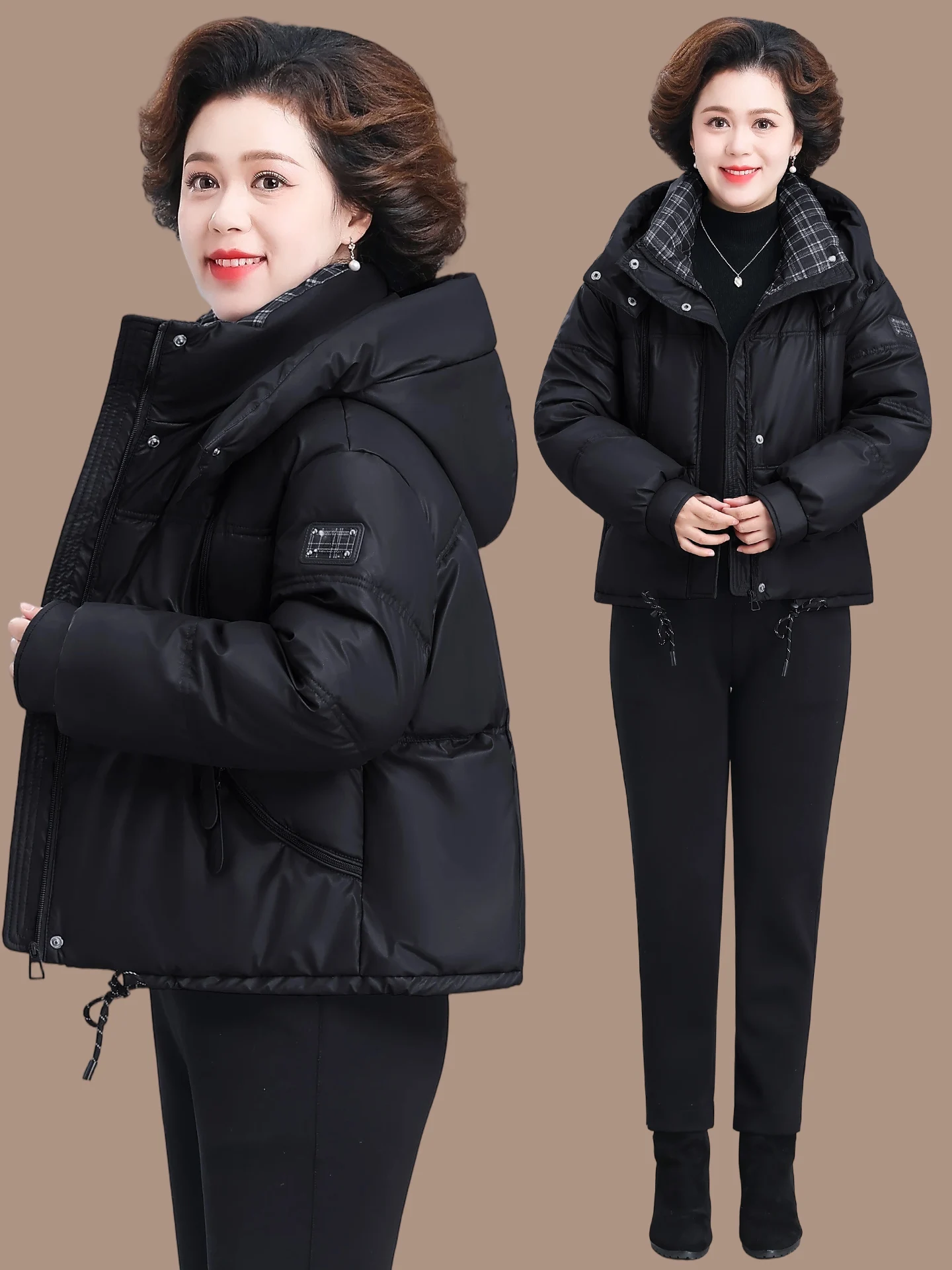 

Утепленная женская зимняя куртка из хлопка с клетчатыми вставками, модная, теплая, с капюшоном, на молнии, из кожи, новинка