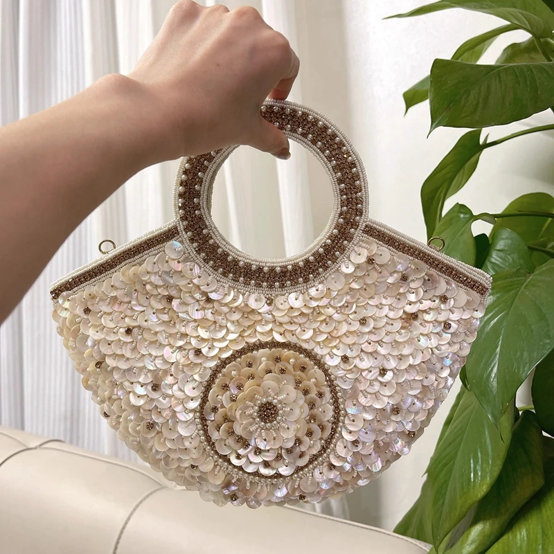 DOYUTIG Indian Women Handmade Beaded Shell Tote Shiny Embroidered Rhinestone Shoulder Armpit Bag Lady Party Handle Handbag N024