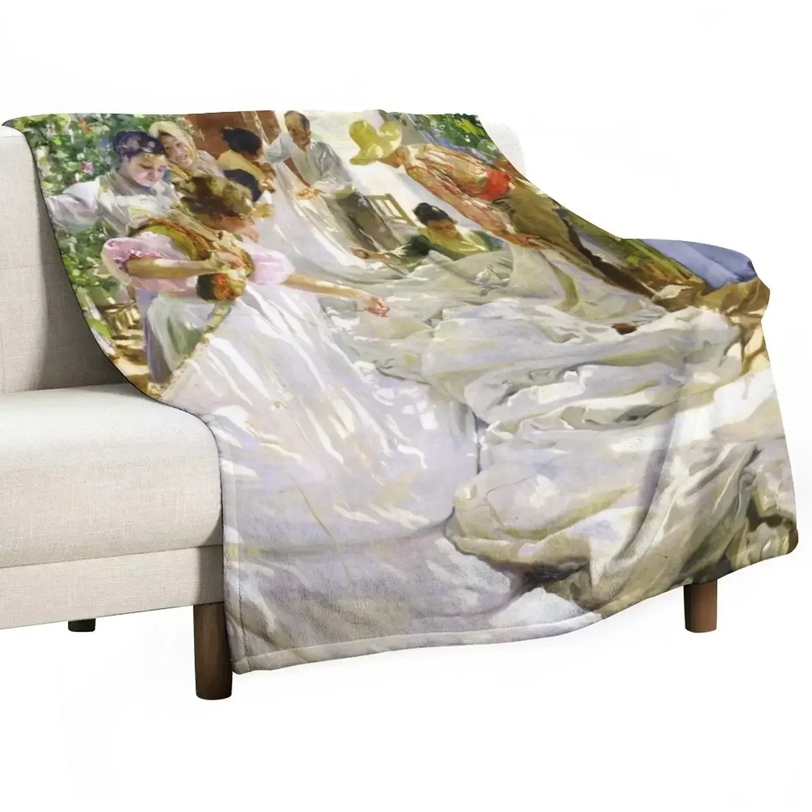 Joaquin Sorolla y Bastida - Sewing the sail 1896 Throw Blanket Vintage Single bed plaid Blankets