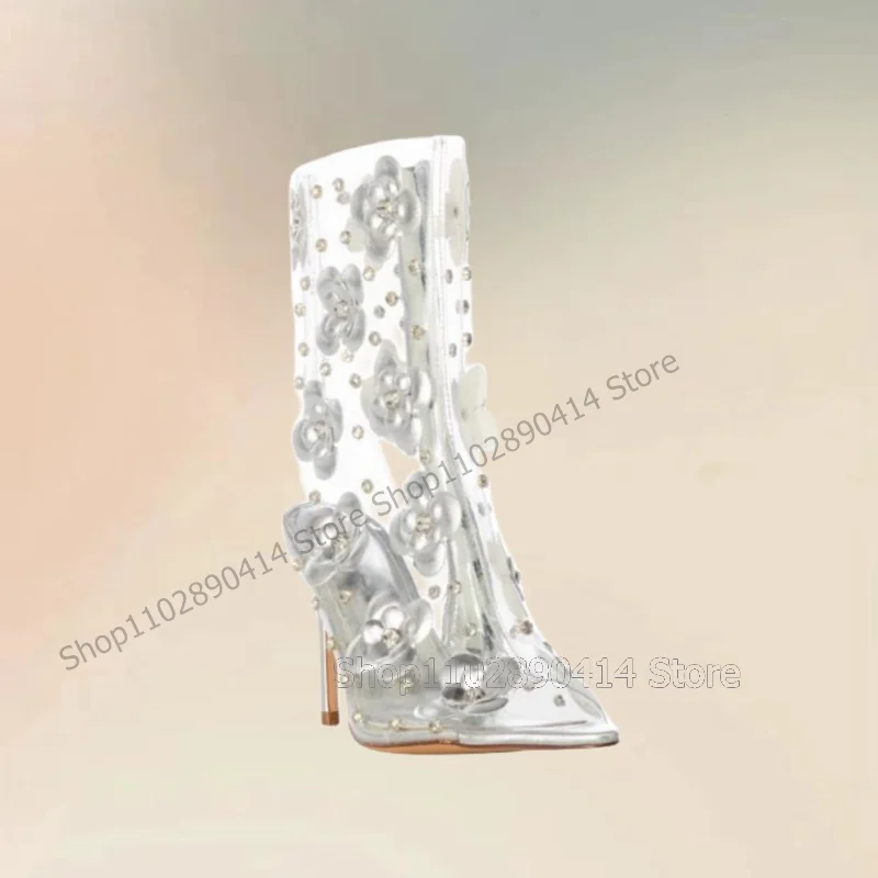 Silver Flower Design PVC Cut Heel Sandals Boots Side Zipper Women Shoes Thin High Heels Open Toe Party 2024 Zapatos Para Mujere