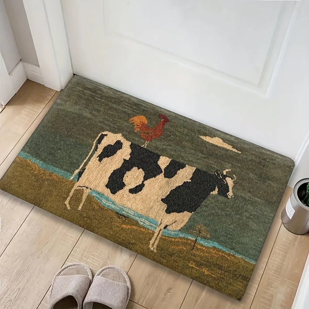 Vintage Farm Cow Rooster Doormat Countryside Oil Painting Print Non Slip Washable Front Door Mat For Farmhouse Rustic Home Decor