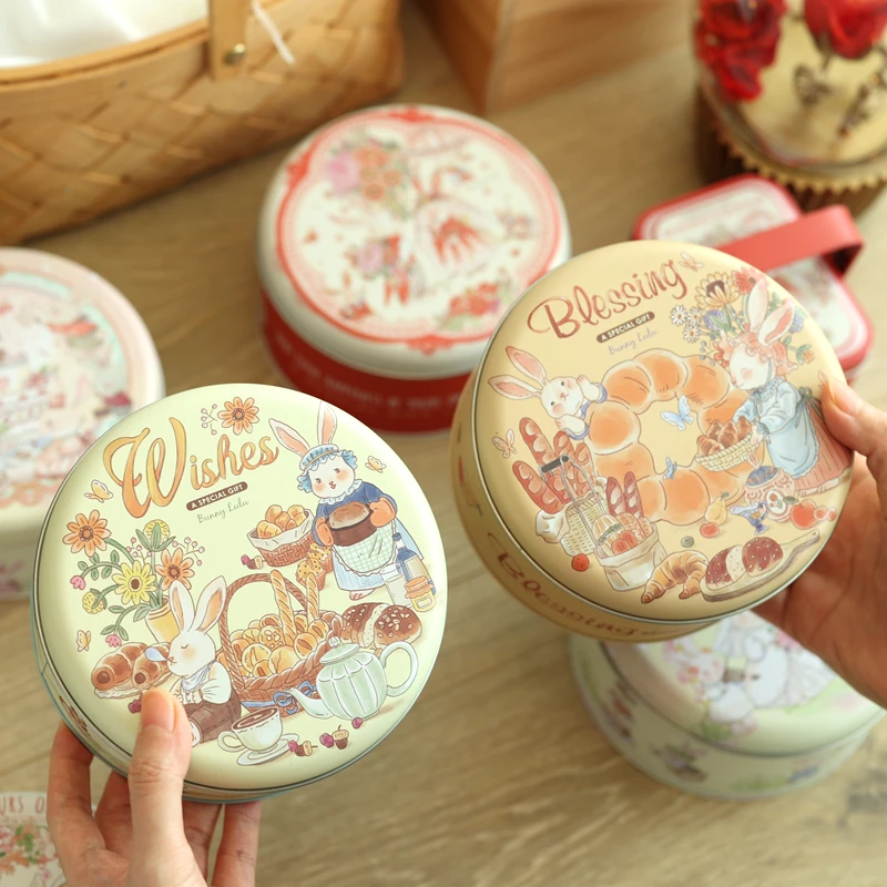 

Hand-Painted Illustration Rabbit Empty Tinplate Candy Cookie Storage Box Round DIY Cake Tea Dessert Container For Home Organizer